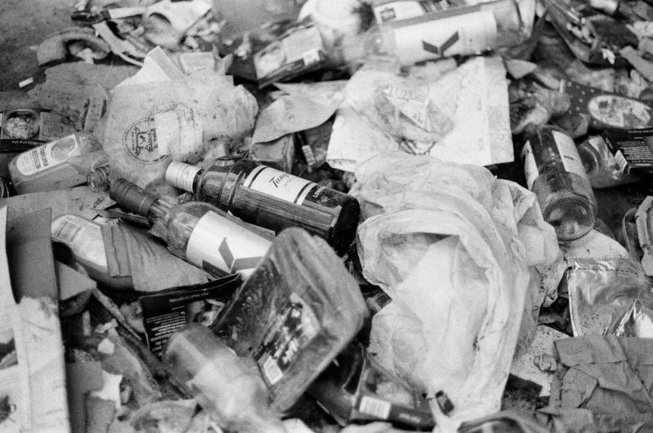 An overflowing public rubbish bin made of dark metal with vertical ridges and a rounded top, situated on a cobbled street surface. The bin's lid is open, revealing scattered paper and plastic packaging. Multiple discarded glass bottles with green and brown tones are placed around the base of the bin, some tipped over with litter on the ground, including crumpled paper and food wrappers. Resting on top of the lid are several takeaway drinks, including two cups with plastic lids and straws, and a paper coffee cup, along with a small container of food or condiment. The background shows blurred figures of pedestrians and parked vehicles, indicating an urban setting. A second rubbish bin is visible in the distance, along with some stray trash, suggesting littering and waste accumulation typical of street-side rubbish accumulation, highlighting issues related to inadequate waste management or informal disposal in a busy public area. The natural daylight emphasizes the gritty texture of the cobbles and the weathered appearance of the metal bin, aligning with private or independent waste collection scenarios often found in streetscapes.